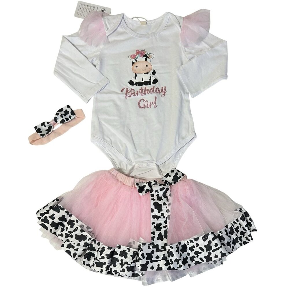 Birthday Girl Outfit With Headband - Pink, Black And White Top & Tutu Size 3T